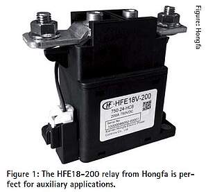 The HFE18-200 relay from Hongfa is per- fect for auxiliary applications.