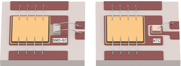 Abb. 2: Designmöglichkeiten für elektrisch isolierte (links) und NTC-Temperatursensoren (rechts) (Quelle: Yageo)